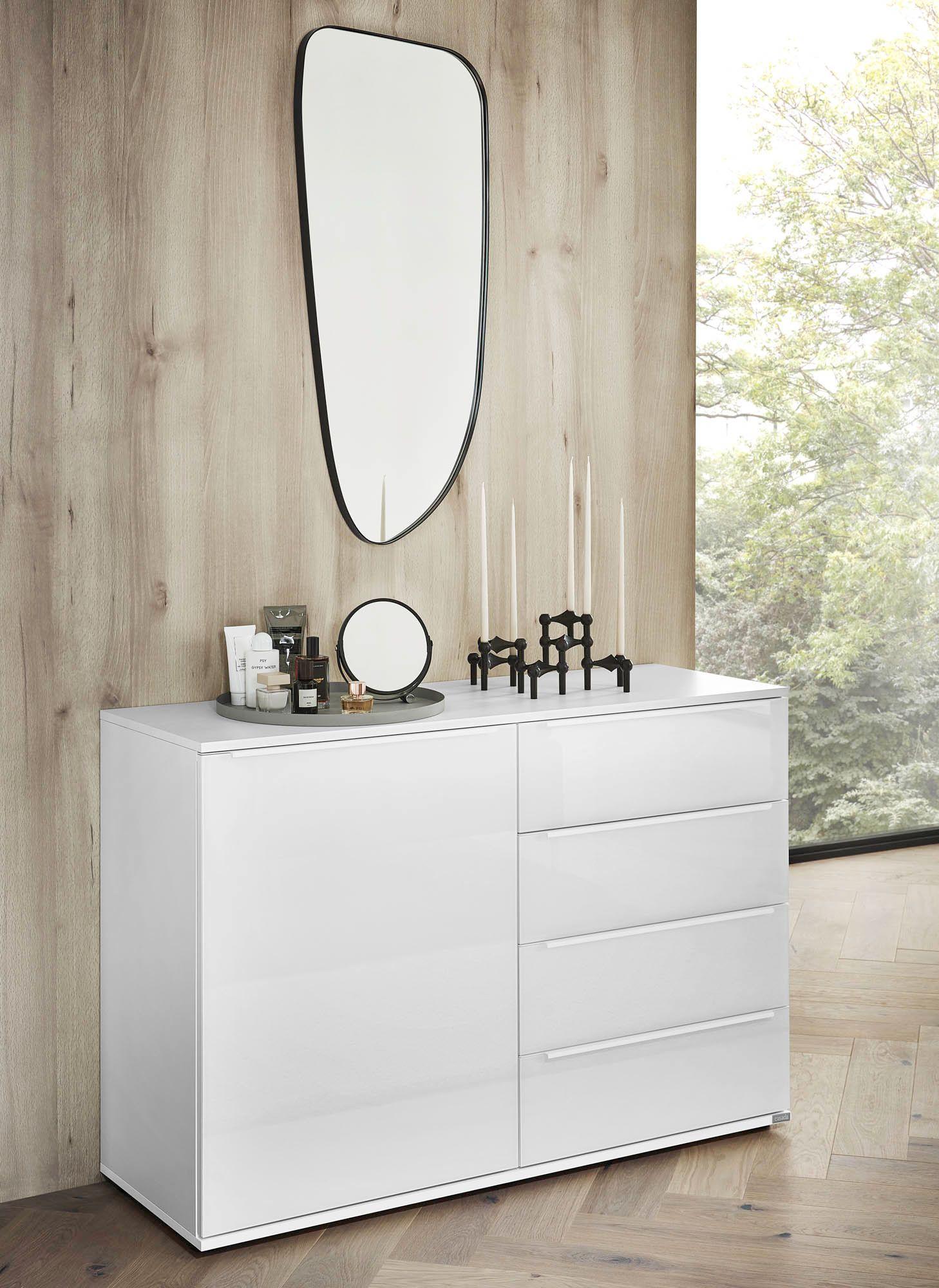 Kommode mit einer Tür links und 4 Schubladen rechts, Korpus Lack weiß, Fronten Glas weiß