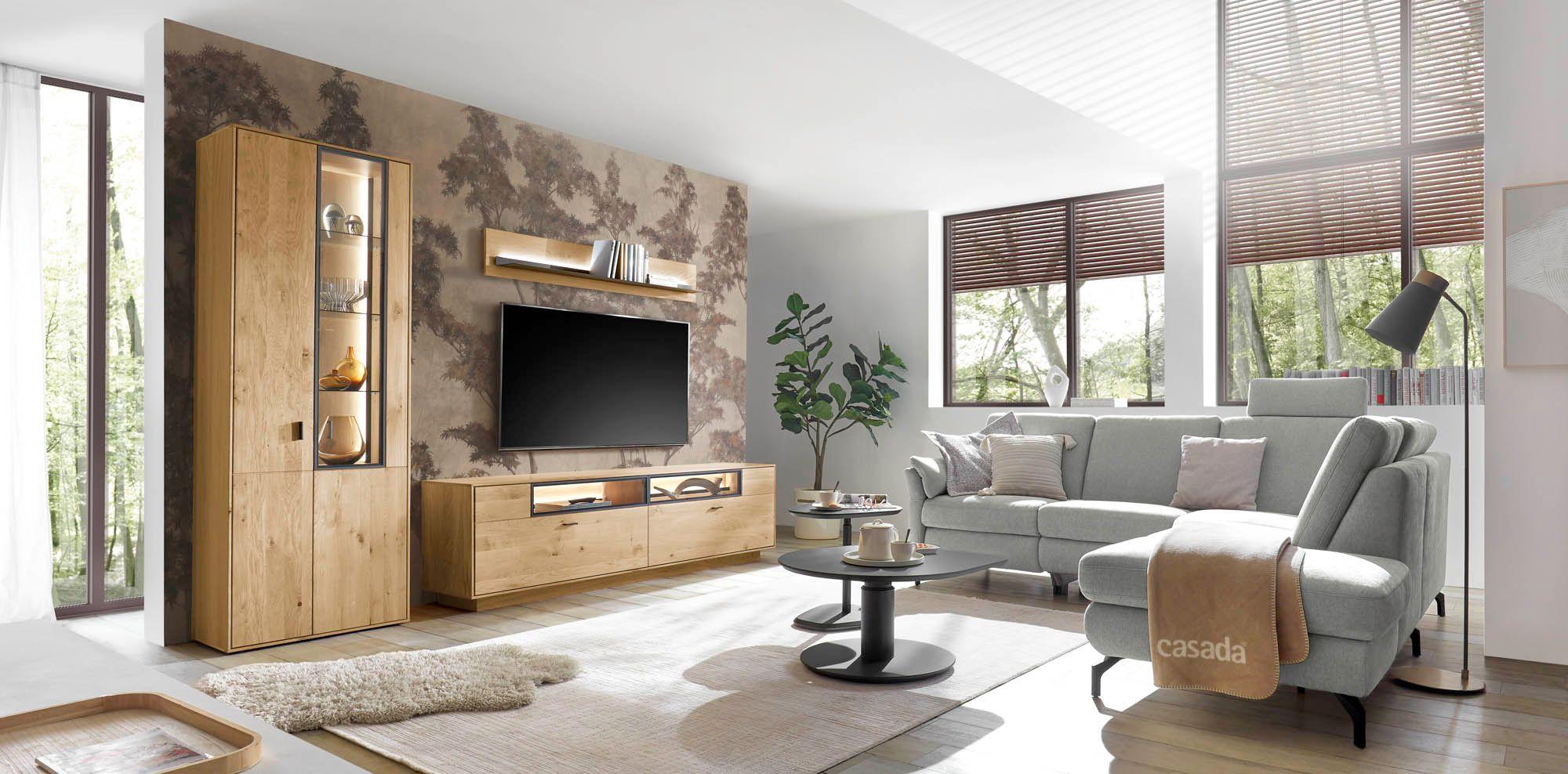 Wohnkombination bestehend aus einem TV-Teil, einem Wandboard und einer Standvitrine links