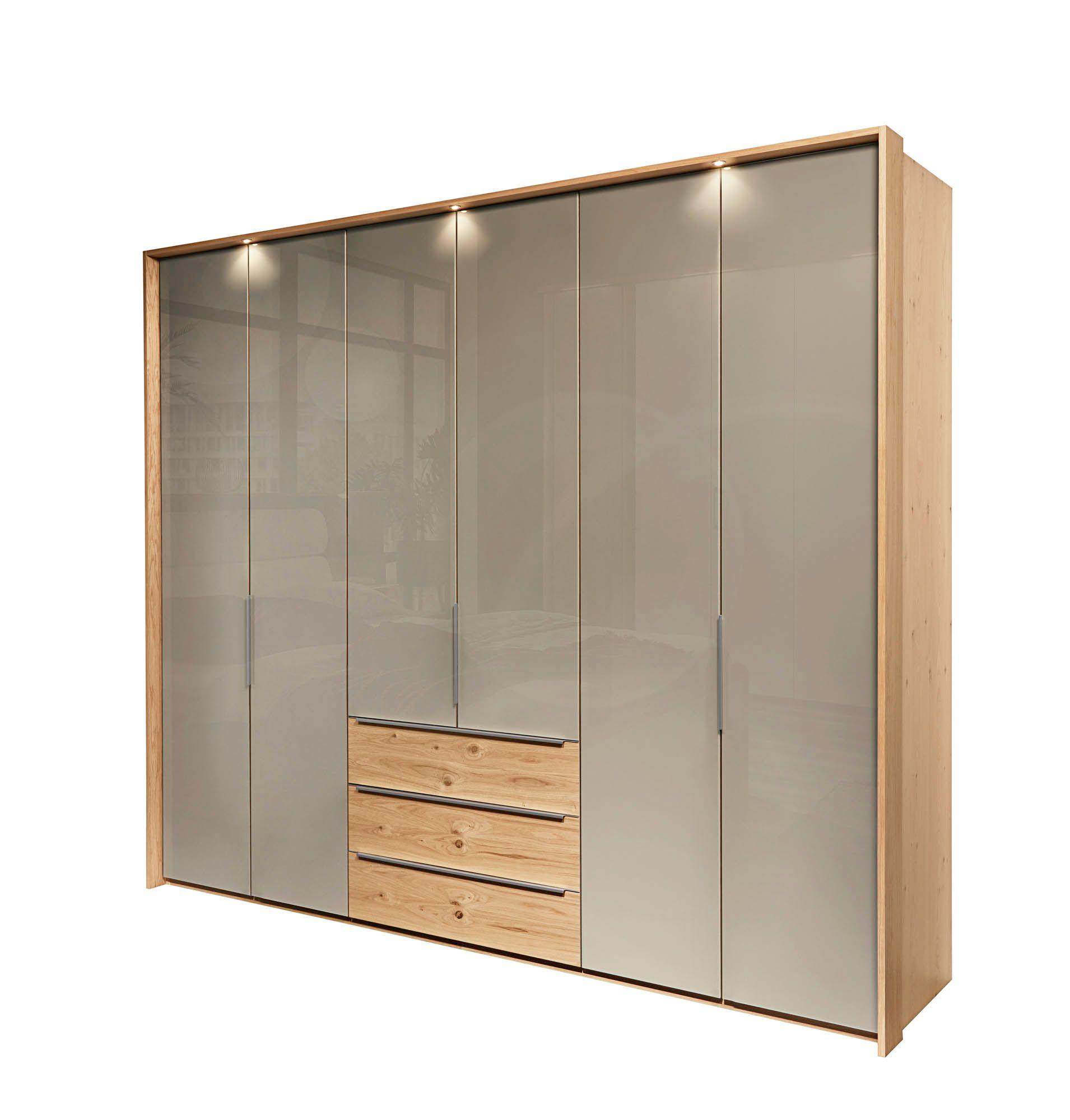 Drehtürenschrank 6-türig mit 3 Frontschubladen, Korpus Balkeneiche furniert, Fronten Glas taupe, Schubladenfronten Balkeneiche furniert